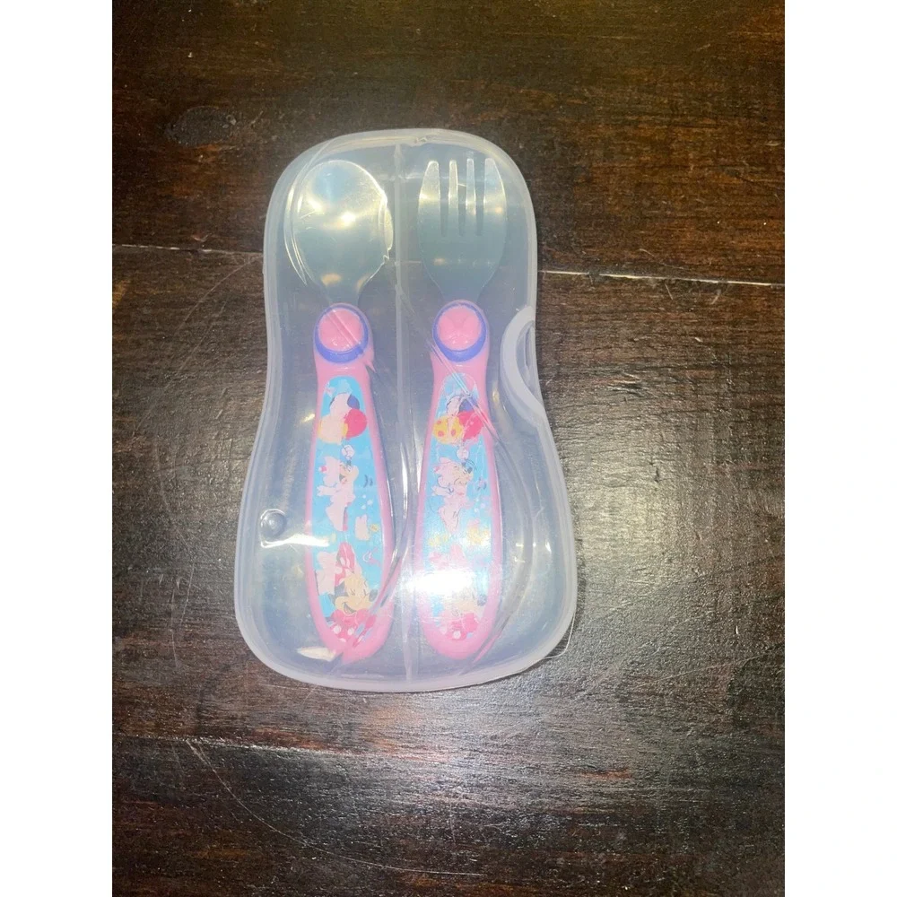 Disney Minnie Mouse Toddler Utensil Set Spoon Fork Travel Case Pink‎ Blue